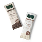 Two protein bars, one chocolate shake and one smooth vanilla, on a white background.