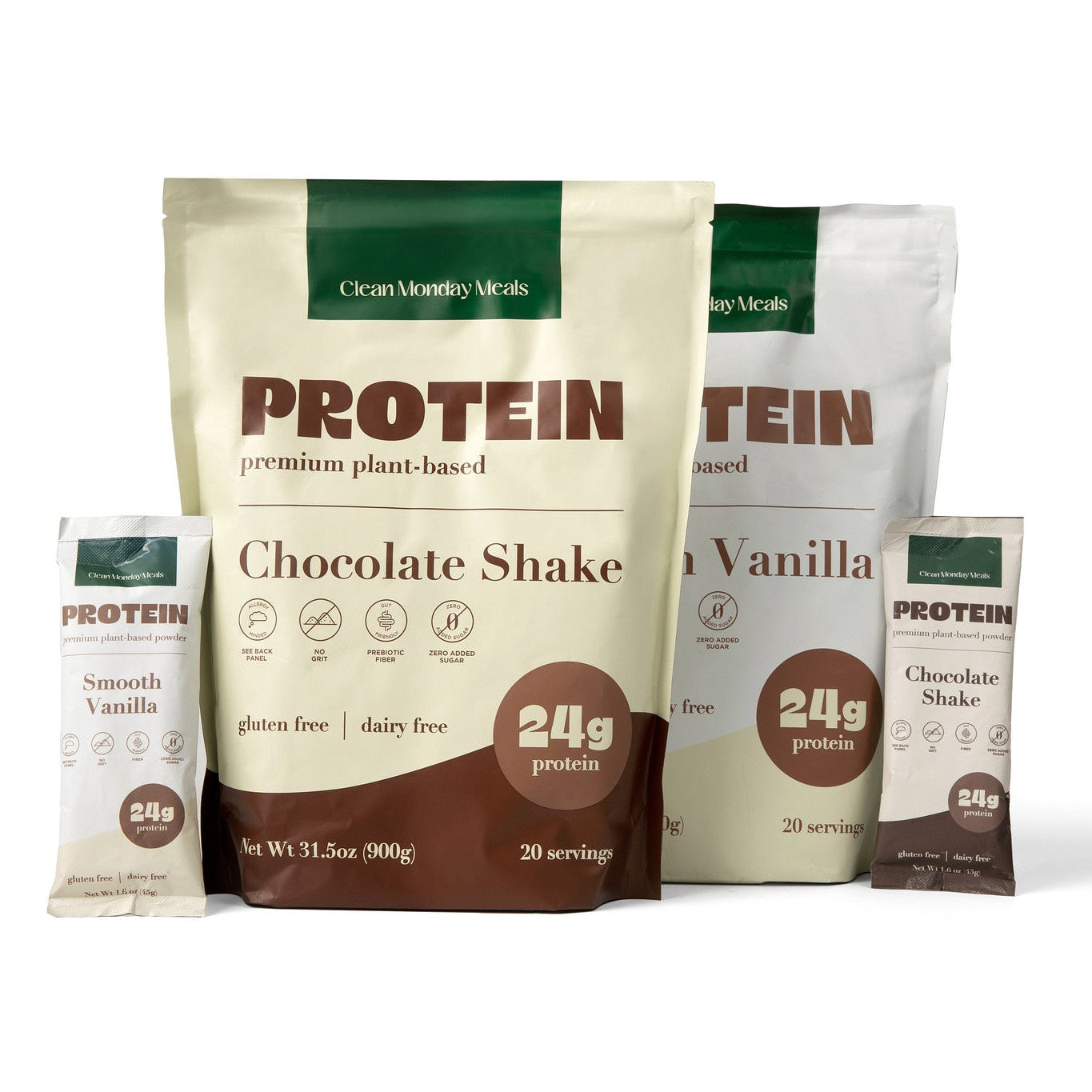 Protein powder packages in various flavors on a white background