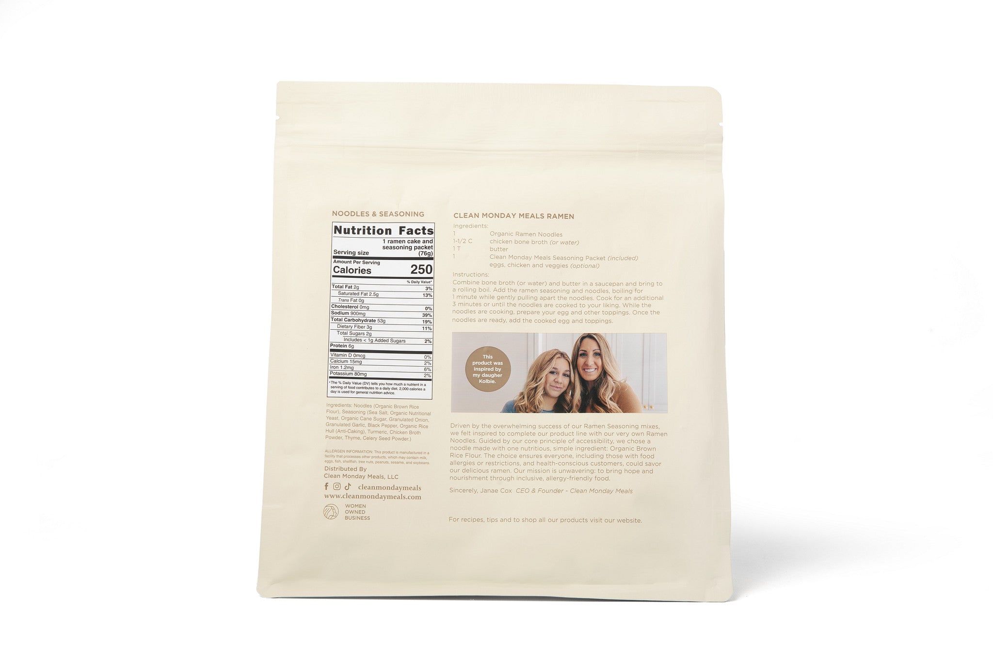 Product packaging with nutrition facts and images of two women on a white background