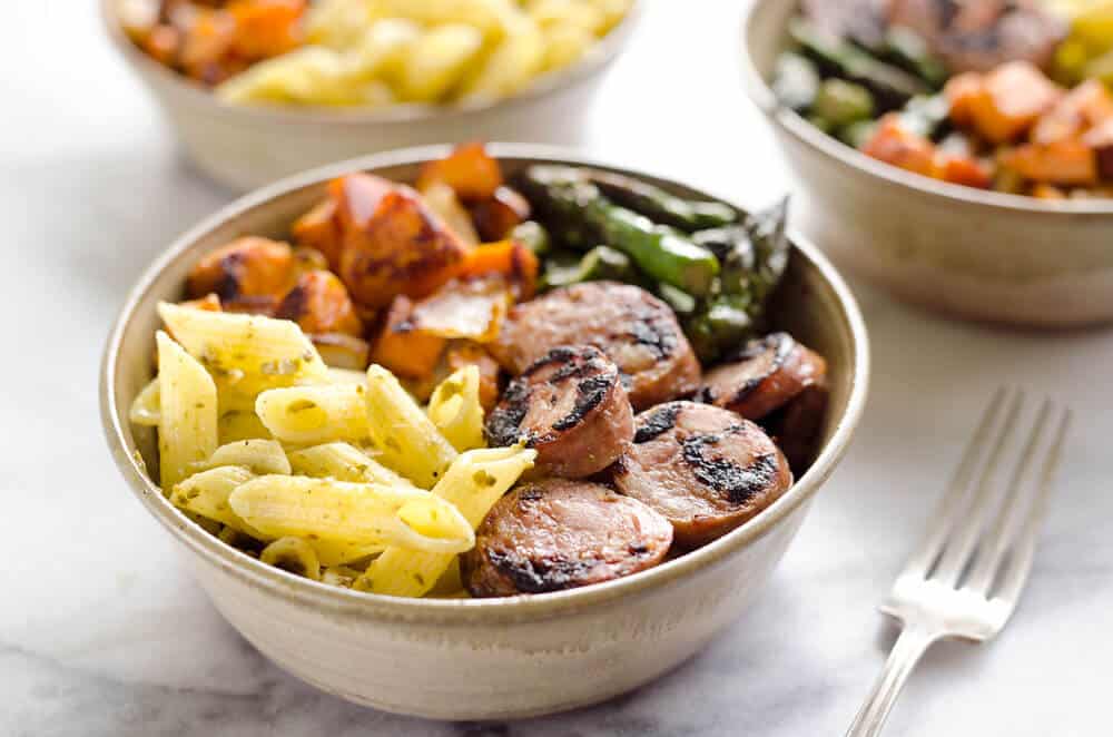 Roasted Veggie & Chicken Sausage Penne Bowls