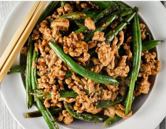 Spicy Turkey and Green Beans with a side of Brown Rice