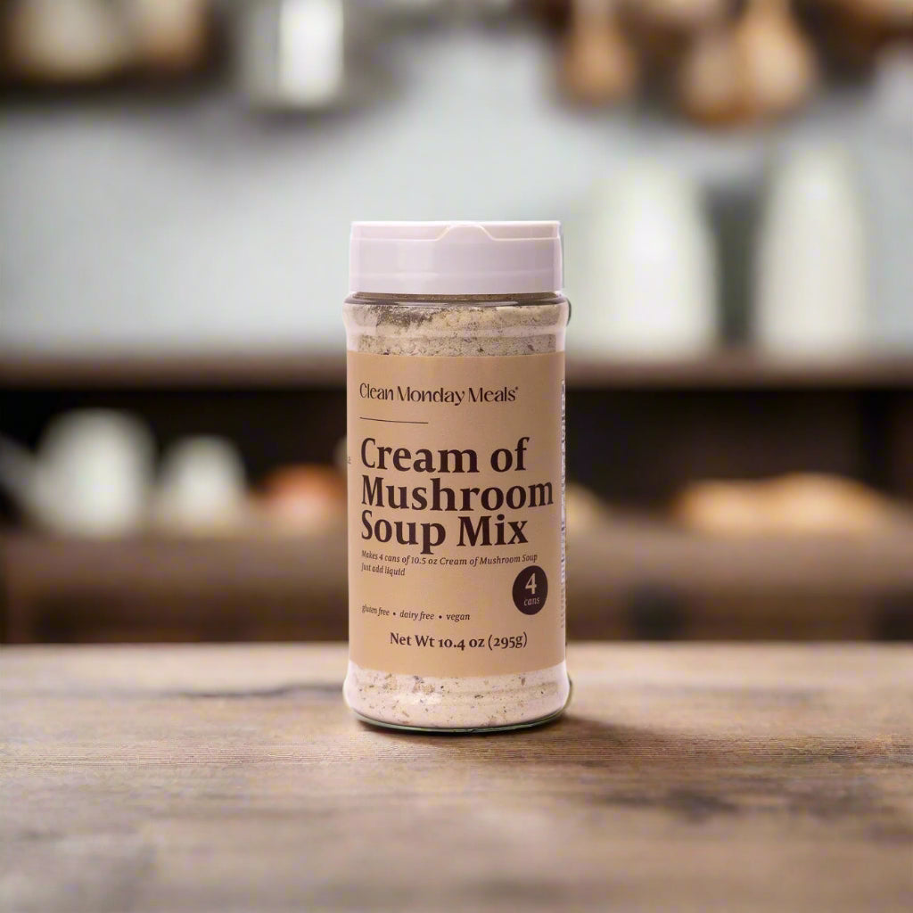 Bottle of Cream of Mushroom Soup Mix on a white background