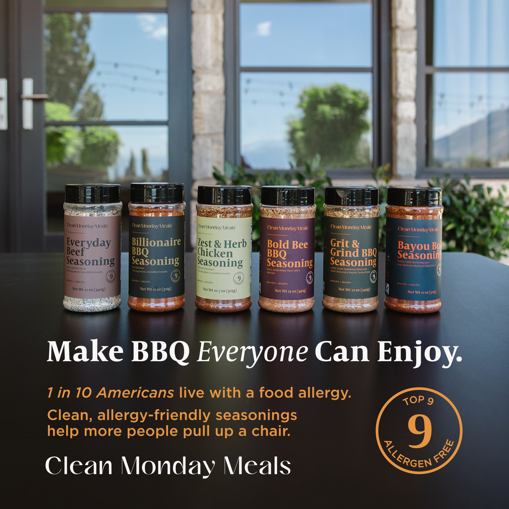 Six jars of barbecue seasonings lined up on a dark countertop in front of a window. The products include Everyday Beef Seasoning, Billionaire BBQ Seasoning, Zest & Herb Chicken Seasoning, Bold Bee BBQ Seasoning, Grit & grind BBQ Seasoning, and Bayou Salt Seasoning.