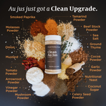 A spice blend jar labeled 'Clean Au Jus' by Clean Cooking Matter, surrounded by labeled piles of raw ingredients on a dark background. Ingredients include smoked paprika, tamarind powder, beef stock powder, sea salt, ground thyme, cocoa powder, garlic powder, nutritional yeast, coconut sugar, celery seed powder, mushroom powder, arrowroot powder, vinegar powder, and molasses powder.