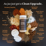 A spice blend jar labeled 'Clean Au Jus' by Clean Cooking Matter, surrounded by labeled piles of raw ingredients on a dark background. Ingredients include smoked paprika, tamarind powder, beef stock powder, sea salt, ground thyme, cocoa powder, garlic powder, nutritional yeast, coconut sugar, celery seed powder, mushroom powder, arrowroot powder, vinegar powder, and molasses powder.