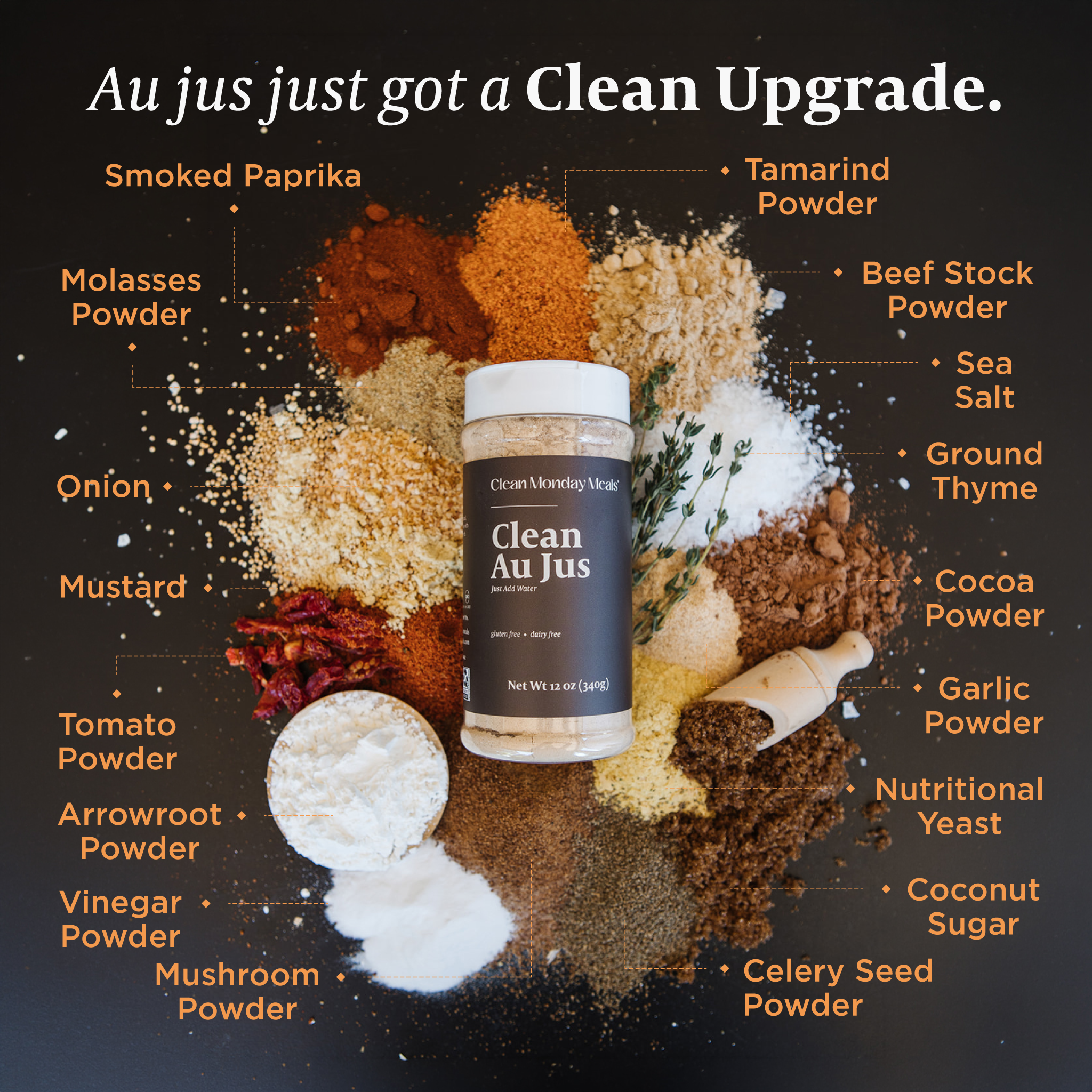 A spice blend jar labeled 'Clean Au Jus' by Clean Cooking Matter, surrounded by labeled piles of raw ingredients on a dark background. Ingredients include smoked paprika, tamarind powder, beef stock powder, sea salt, ground thyme, cocoa powder, garlic powder, nutritional yeast, coconut sugar, celery seed powder, mushroom powder, arrowroot powder, vinegar powder, and molasses powder.