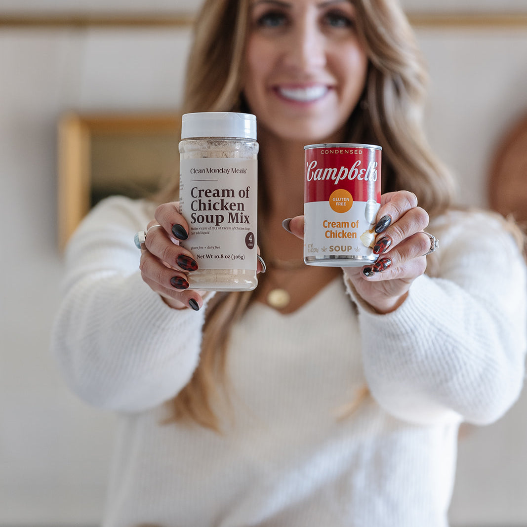 Janae Cox holding a can of Campbell's Cream of Chicken Soup Mix and a container of Campbell's Cream of Chicken Soup Mix in a kitchen setting.