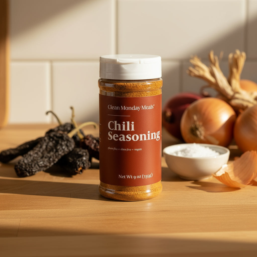 Jar of chili seasoning on a counter top with other herbs around it. 