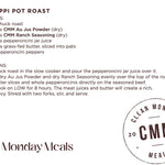 A recipe card for Mississippi Pot Roast from Clean Monday Meals, featuring ingredients and instructions on a white background with a circular Clean Monday Meals logo.