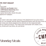 A recipe card for Mississippi Pot Roast from Clean Monday Meals, featuring ingredients and instructions on a white background with a circular Clean Monday Meals logo.