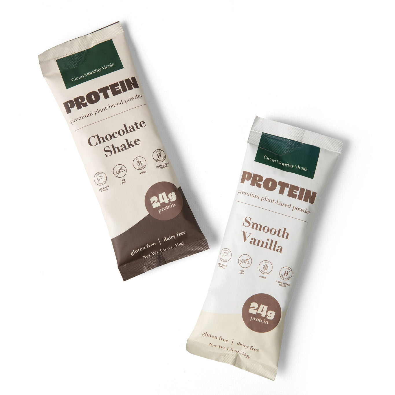 Two protein bars, one chocolate shake and one smooth vanilla, on a white background.