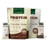 Protein powder packages in various flavors on a white background