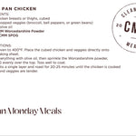 A recipe card for Sheet Pan Chicken from Clean Monday Meals, featuring ingredients and instructions on a white background with a circular stamp logo.