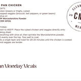 A recipe card for Sheet Pan Chicken from Clean Monday Meals, featuring ingredients and instructions on a white background with a circular stamp logo.