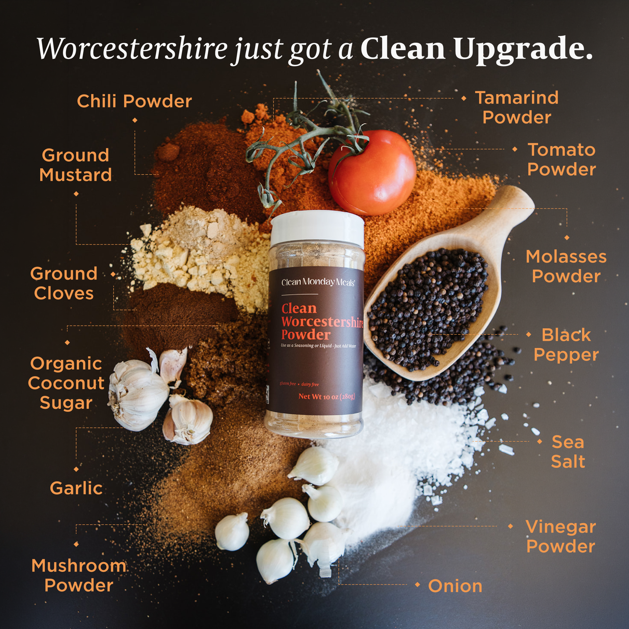 A bottle of Clean Worcestershire Powder by Ocean Island Makers is centered on a dark background, surrounded by labeled ingredient piles including chili powder, ground mustard, garlic cloves, onion, sea salt, vinegar powder, tamarind powder, mushroom powder, black pepper, and molasses powder.